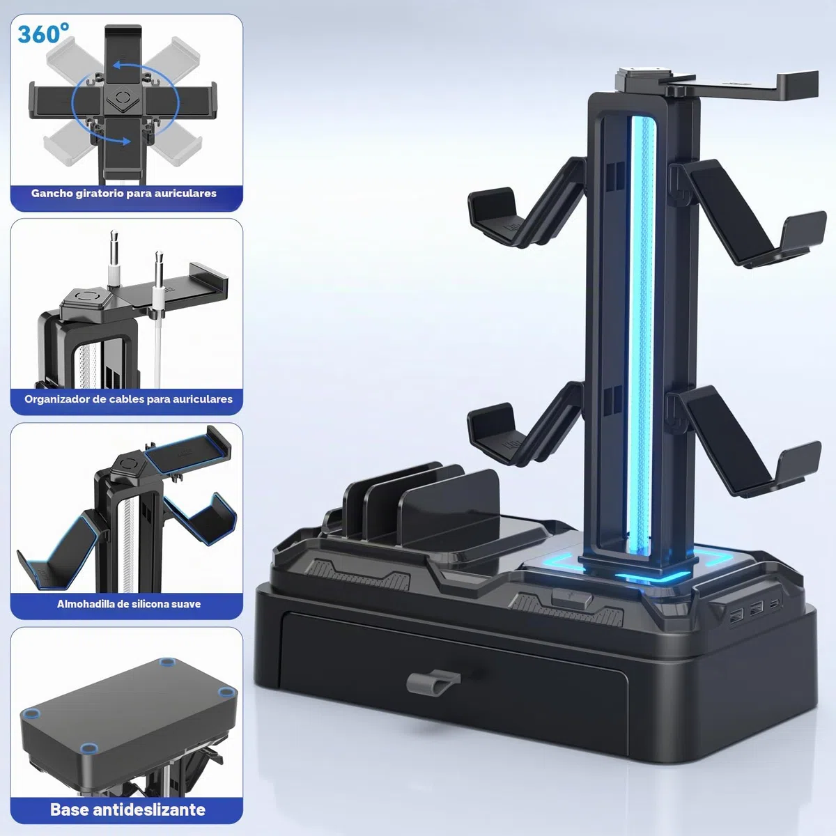 KDD Soporte Auriculares Gaming con Cargadores USB A Tip C, Soporte Cascos Gaming & Soporte Mandos PS5 Extraíble con Cajón para Móviles Tabletas para Escritorio Gamer Accesorios Gaming PC