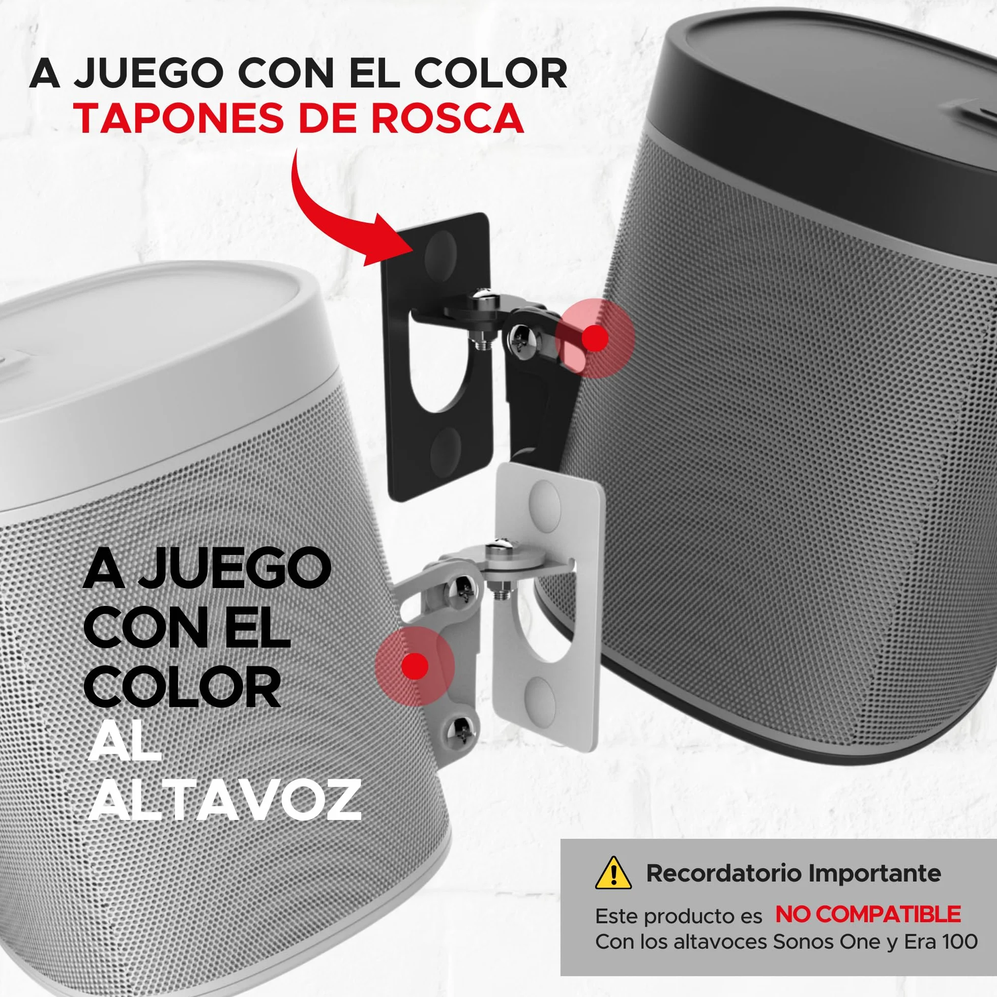 2 x Sonos Play:1 Montaje de Pared (No Compatible con Sonos One), Ajustable con Mecanismo de Giro e Inclinación, Soporte Individual para Altavoz Play 1 con Accesorios de Montaje, Blanco, Paquete