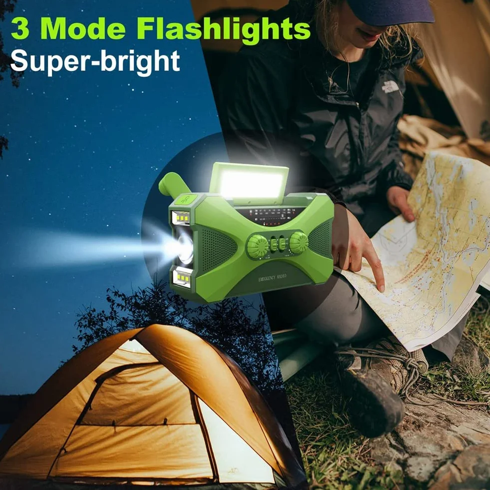 TsoLay Radio de Emergencia de 10000MAh, Radio de Manivela Solar, Portátil con Cargador de Teléfono, Linterna LED Verde