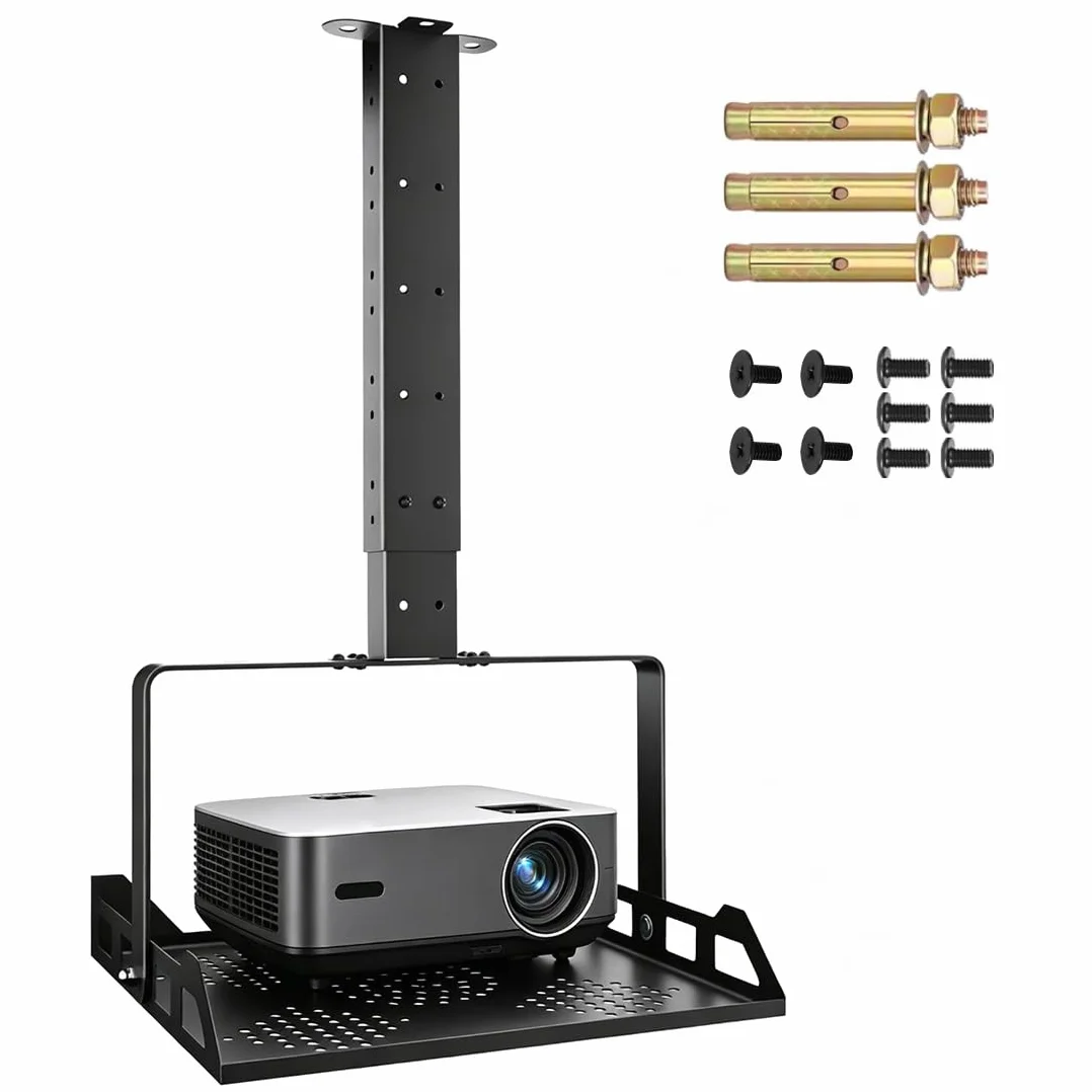 Soporte Proyector Techo Extensible con Bandeja, 31x29cm, Altura Ajustable, Soporte Techo Proyector Negro, Soporta hasta 10 Kg, con Orificios Ayudan a Disipar el Calor, para Proyectores, DVD