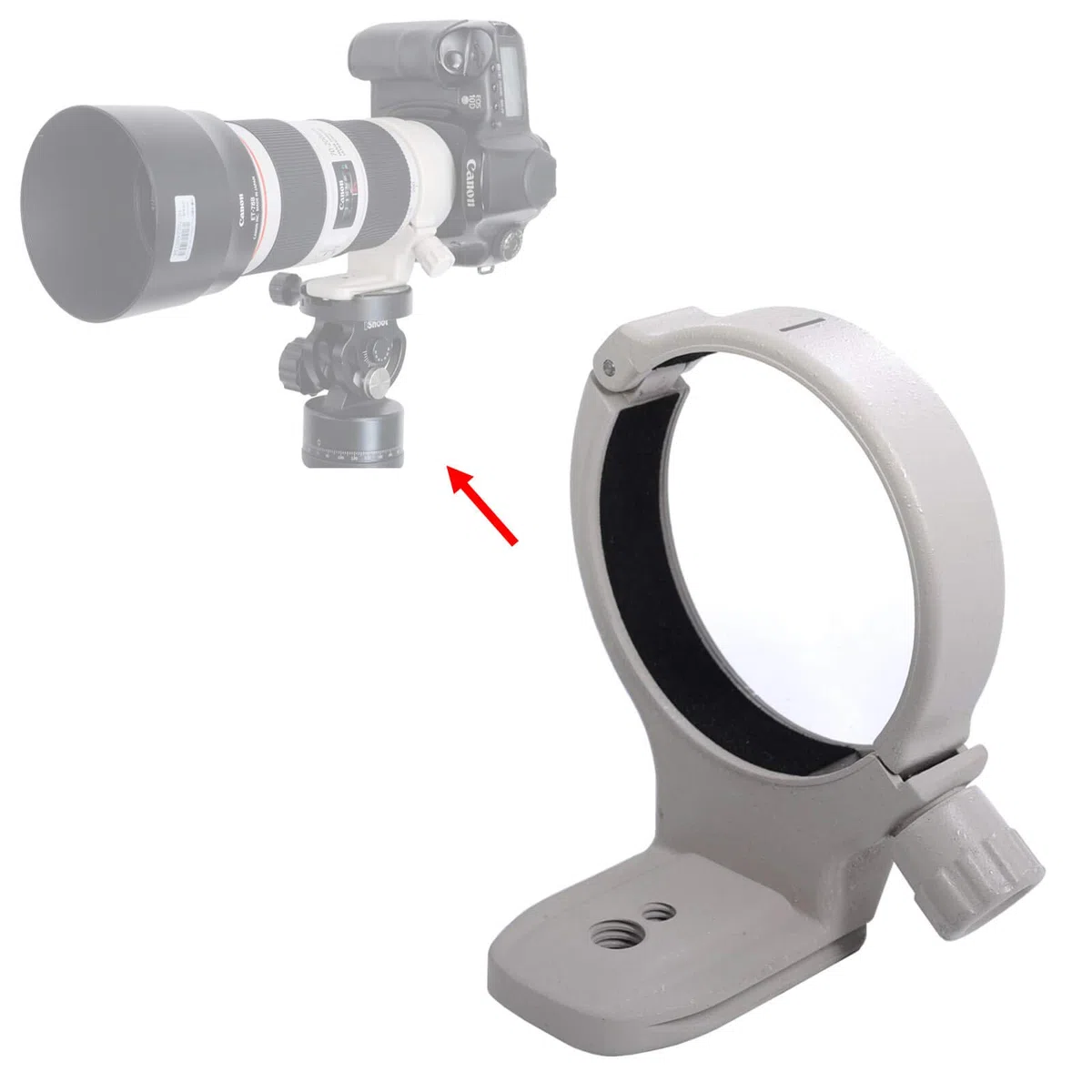 iShoot Anillo de montaje de trípode de metal, soporte de cuello de lente AII (W) compatible con Canon EF 70-200 mm f/4L / IS / IS II USM, 80-200 mm f/2.8L, 400 mm f/5.6L USM, parte inferior con ranura