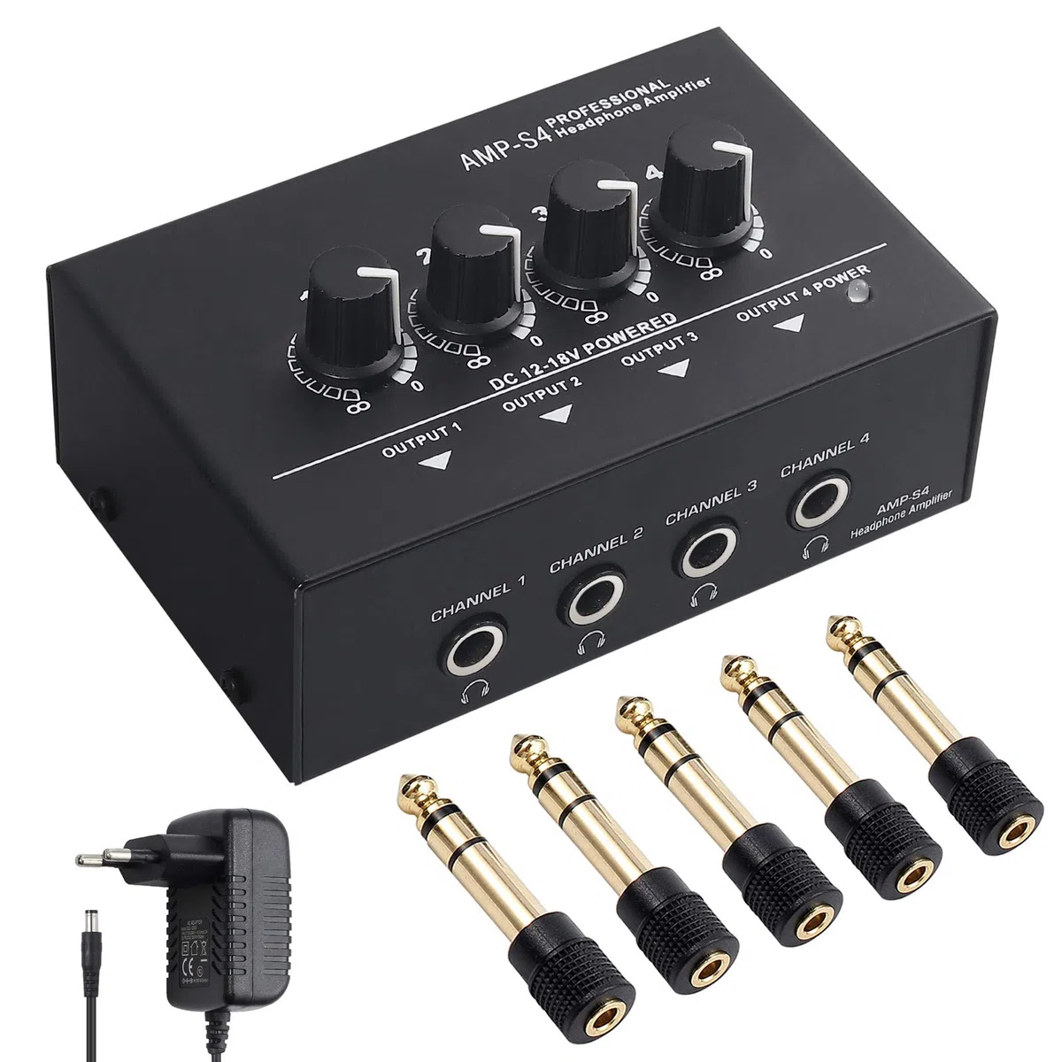 Neoteck Amplificador de Auriculares Estéreo Portátil 4 Canales Divisor Multicanal Jack de Auriculares TRS y Entrada de Audio TRS para Mezclador de Sonido con 5 Piezas de Adaptador 6.35mm to 3.5mm