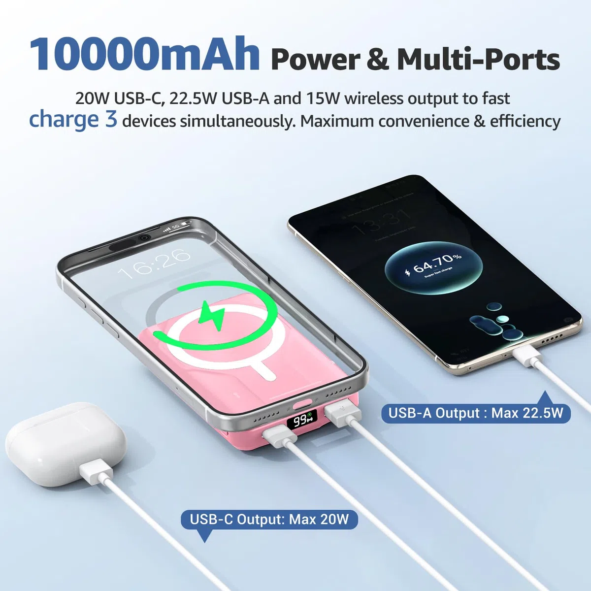Azmuth para Magsafe Power Bank, 10000mAh Magnético Bateria Externa Carga Rapida 15W,Powerbank con Soporte Plegable Pantalla LED USB-C 20W y USB-A 22.5W para iPhone 17/16/15/14/13/12 Serie Rosado