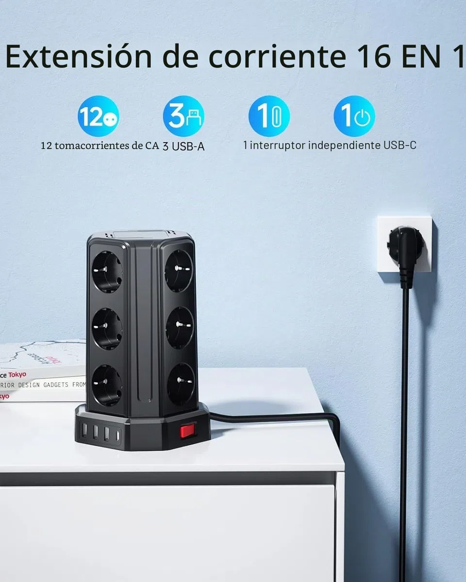 Torre Regletas Enchufes con Cable 5M, Regleta USB 12 Tomas de AC Corrientes y 4 USB, 3680W/16A, Regreltas Vertical con Interruptor para Mesa, Oficia, Casa
