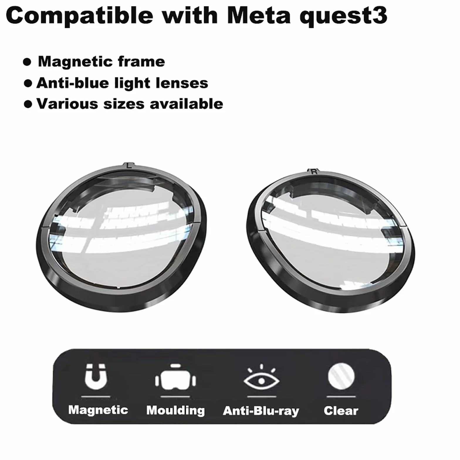 Lentes Magnéticos de Miopía VR para Meta Quest 3 - Prescripción Antiluz Azul, Accesorios Profesionales de Gafas VR (-1.0D)