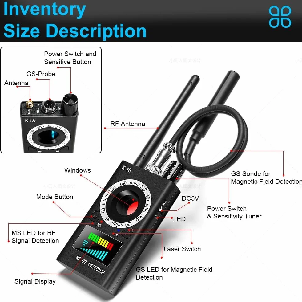 Detector inalámbrico de cámara oculta, detector antiespionaje, detector de errores, dispositivo de escáner de detector RF, detector GPS para rastreador GPS, dispositivo de escucha, buscador de