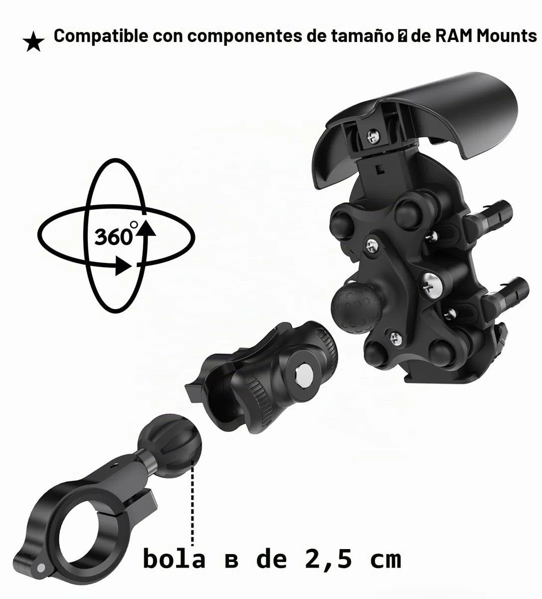 iMESTOU Soporte Antivibración para Teléfono Móvil de Motocicleta con Base Esférica de 2,5 cm Adecuado para Manillares de 12 a 32 mm, Ampliamente Compatible con Smartphones de 5,4 a 7,0 Pulgadas