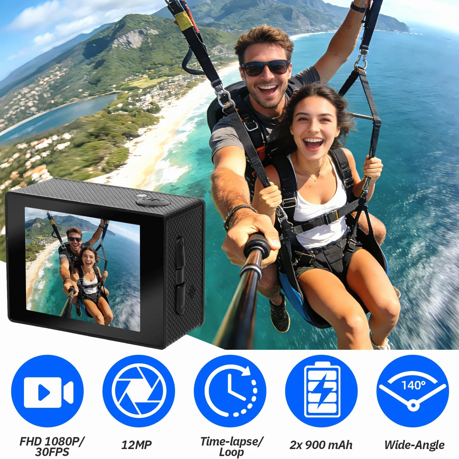 Cámara Deportiva HD, Camara Subacuática 30M con 120 Grados Gran Angular, Cámara Subacuática Buceo 2 Baterías Recargables de 900mAh y Kit de Accesorios