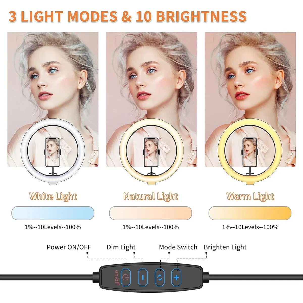 Aro de Luz con tripode, Aro 25cm 2 Trípodes hasta 160cm, Luz Bicolor con Control Remoto Bluetooth, Incluye 3 Pinzas para Móvil Vivo de Youtube, Tiktok, Facebook, fotografia