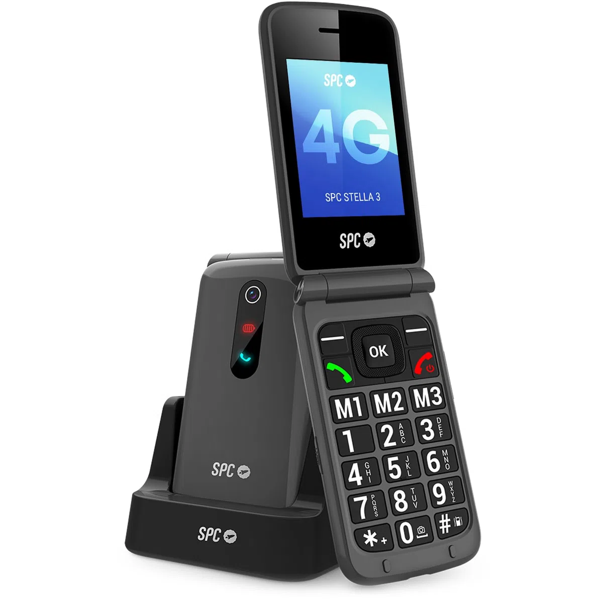 SPC Stella 3 - Teléfono móvil para Mayores con Tapa y 4G | Menú y Teclas Grandes | Botón SOS, configuración remota, Compatible audífonos y Volumen 103dB | Base de Carga y 3 memorias directas, Negro