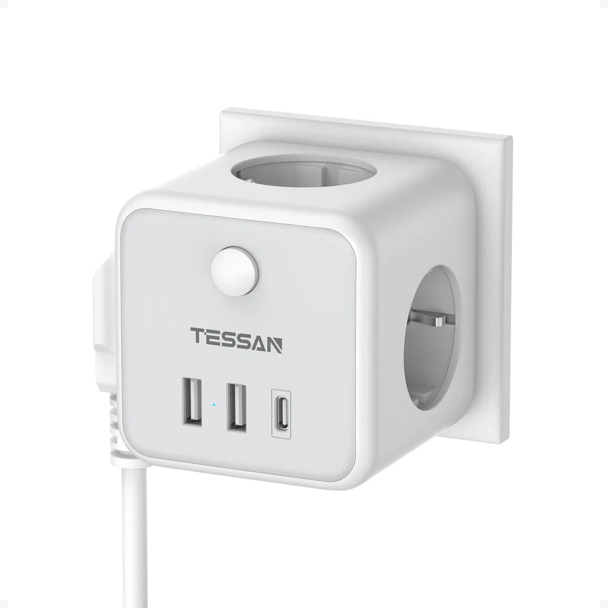TESSAN Ladron Enchufes con USB C, 6 en 1 Cubo Cargador Ladrón Enchufes, Triple Multiple con 3 USB, Multiple Pared con Interruptor, Regleta Pared Compatible con Phone, Pad, Hogar Oficina