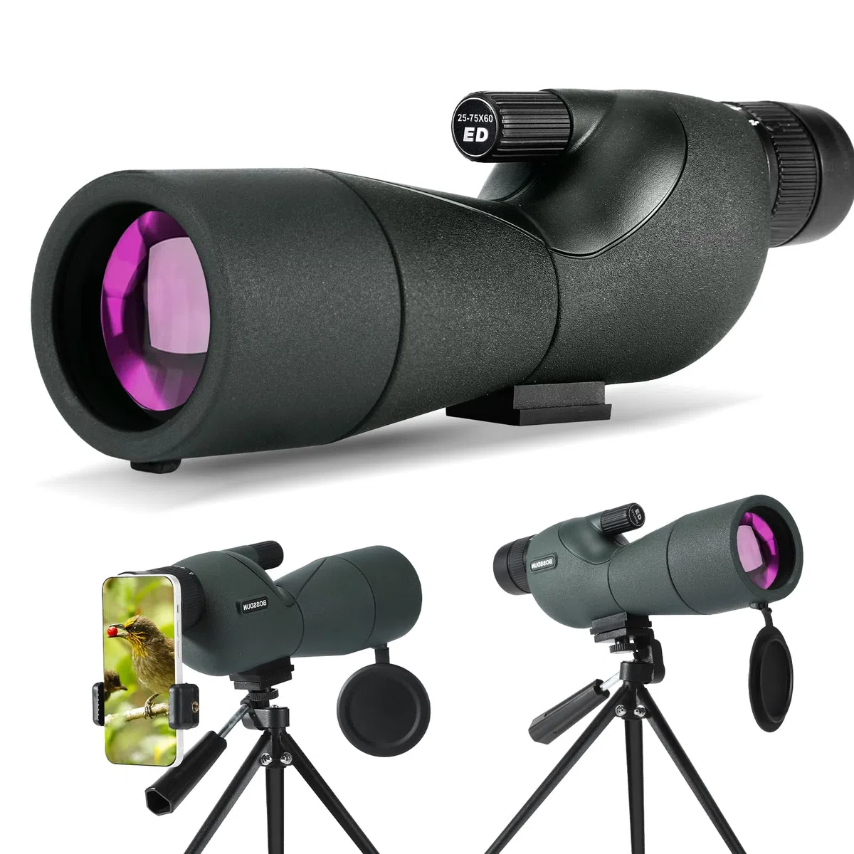 25-75X telescopio terrestre, Hunting Spotter Scope para Disparar a los Objetivos, Telescopios-A Prueba de Agua con Prisma BAK4 Trípode Adaptador de teléfono Bolsa de Transporte (GN0025)