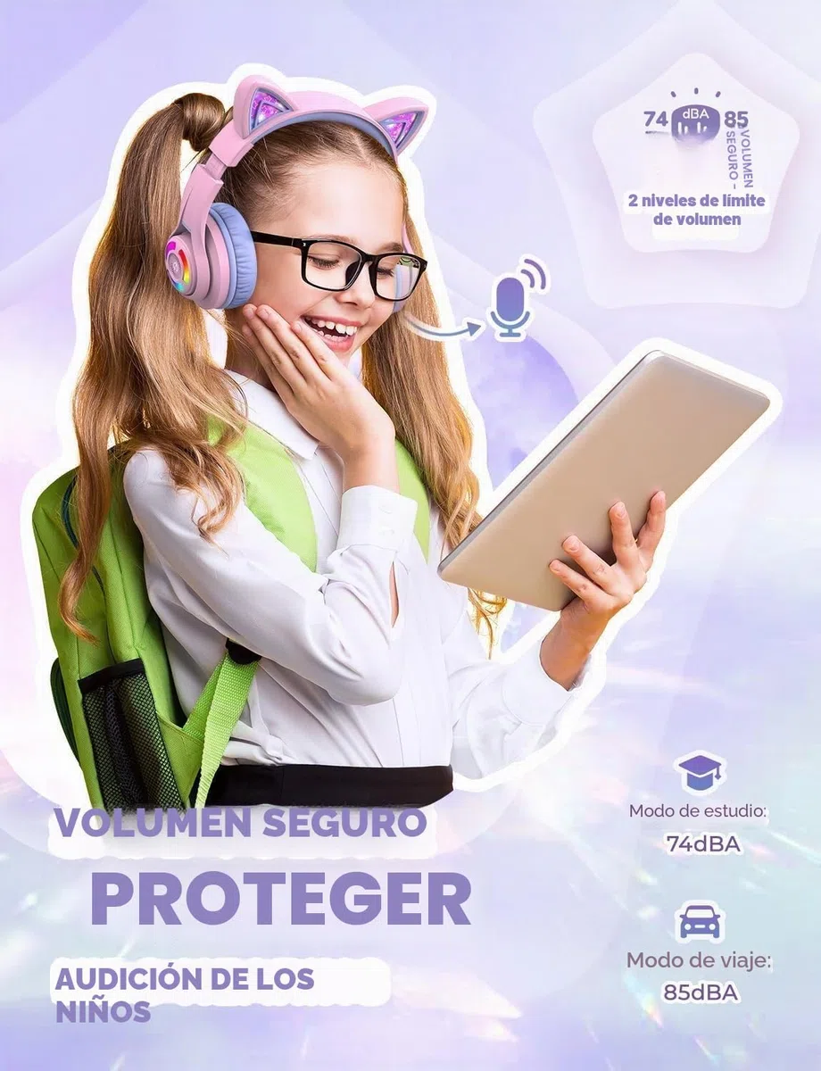 iClever Auriculares Bluetooth para Niños, BTH13 Cat Ear LED Light Up Kids Auriculares Inalámbricos, 50H Playtime, 74/85/94dB Limitación de Volumen, con Micrófono sobre la Oreja