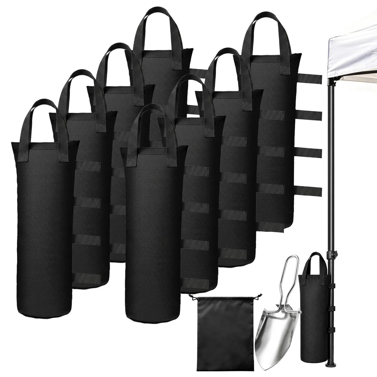 8 Piezas Pesas para Pabellón, Bolsas de Arena de Tela Oxford 800D 20x50cm para Lastrar con Pala y Bolsa de Almacenamiento, Bolsa de Arena Reforzada para Tienda, Camping y Fotografía, Negro