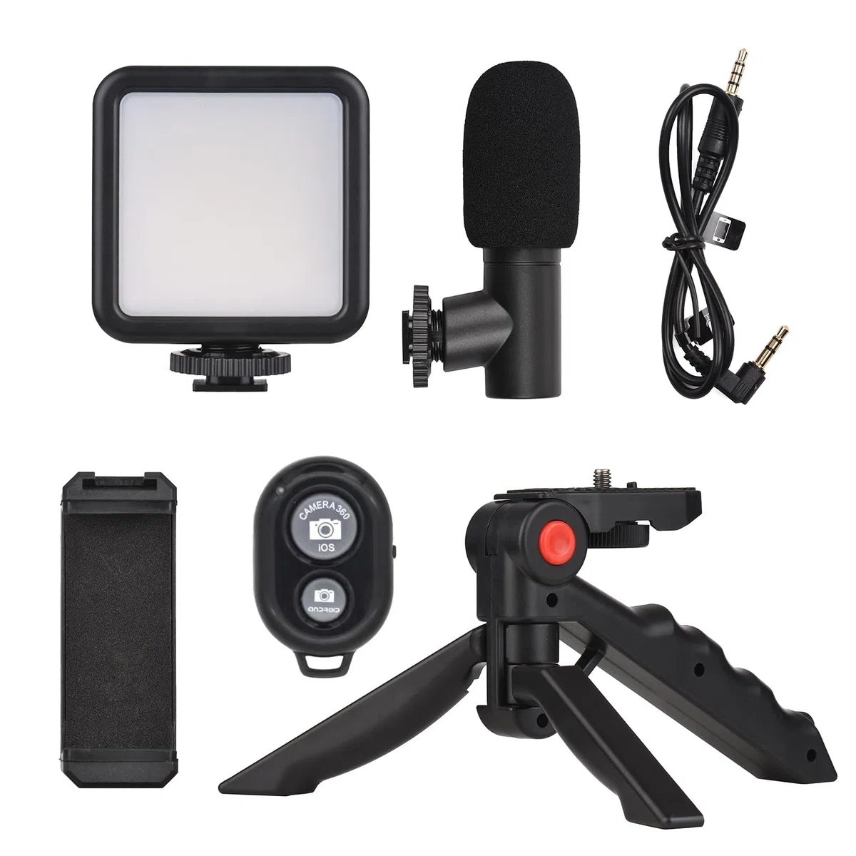 Andoer Kit de video para teléfono, luz LED cardioide + micrófono + clip extensible + trípode con brillo ajustable para vlog y transmisión en vivo