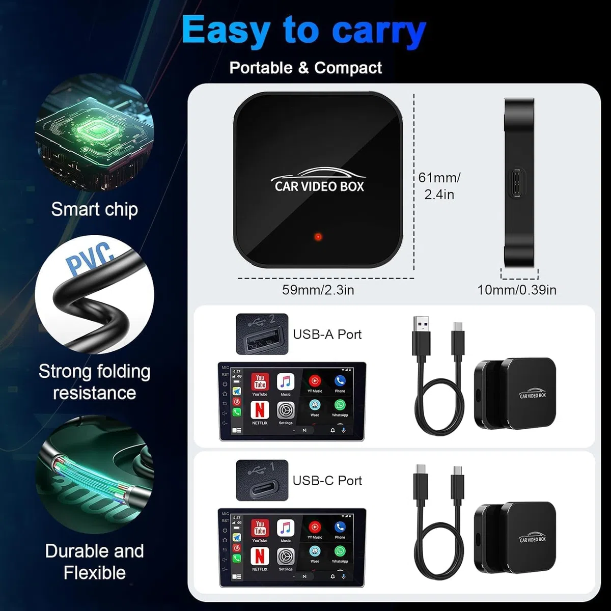 2026 Wireless CarPlay & Android Auto Adapter Compatible con Netflix/Youtube/TF – Plug & Play, Magic Video Box para vehículos OEM CarPlay & Android Auto con Cable (4GB RAM+16GB)