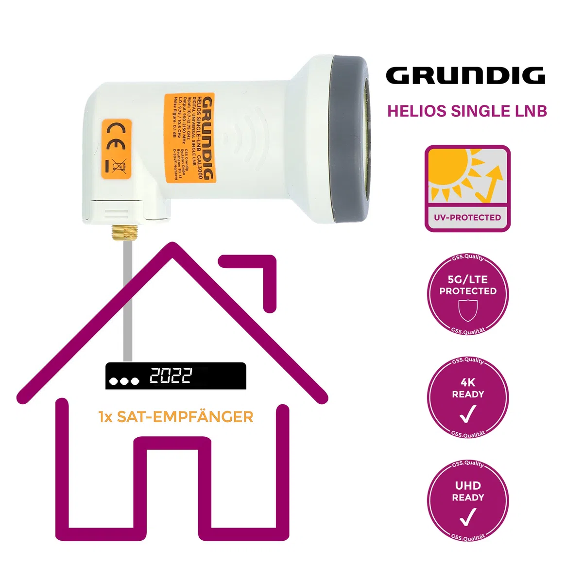 GSS Helios Single LNB con blindaje LTE y protección solar UV, 1 compartimento HD 4K LMB para 1 participante, TV TV, receptor de satélite, LNC para antena parabólica