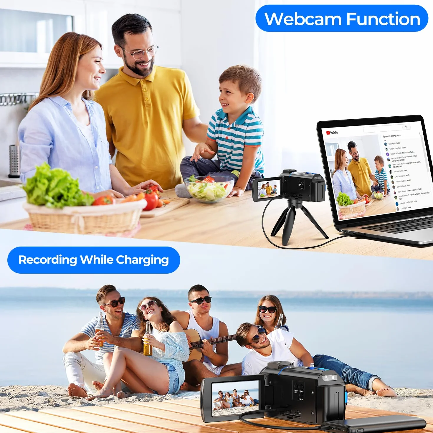 Cámara de vídeo 4K 48MP Videocámara 16X Zoom Digital IR con Pantalla táctil giratoria 270° y Tarjeta SD 32GB