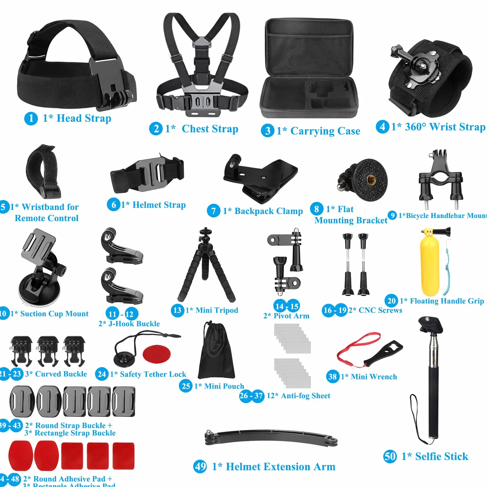 Kit de Accesorios para Cámara de Acción, Bonvvie 50-en-1 Kit de Accesorios para Cámara Deportiva Hero 13 12 11 10 9 8 Black, MAX/Fusion, Insta360, dji Osmo Action, Campark, SJCAM, REMALI