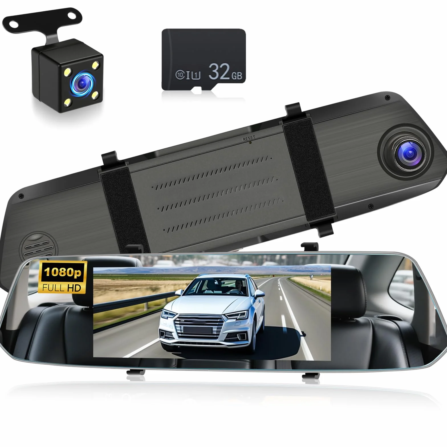 NHOPEEW 7 pulgadas Espejo Dash Cam con Vista Delantera y Trasera Cámaras Duales - Sensor de Gravedad/Visión Nocturna/Grabación en Bucle/Detección de Movimiento/Monitor de Aparcamiento + 64G Tarjeta SD