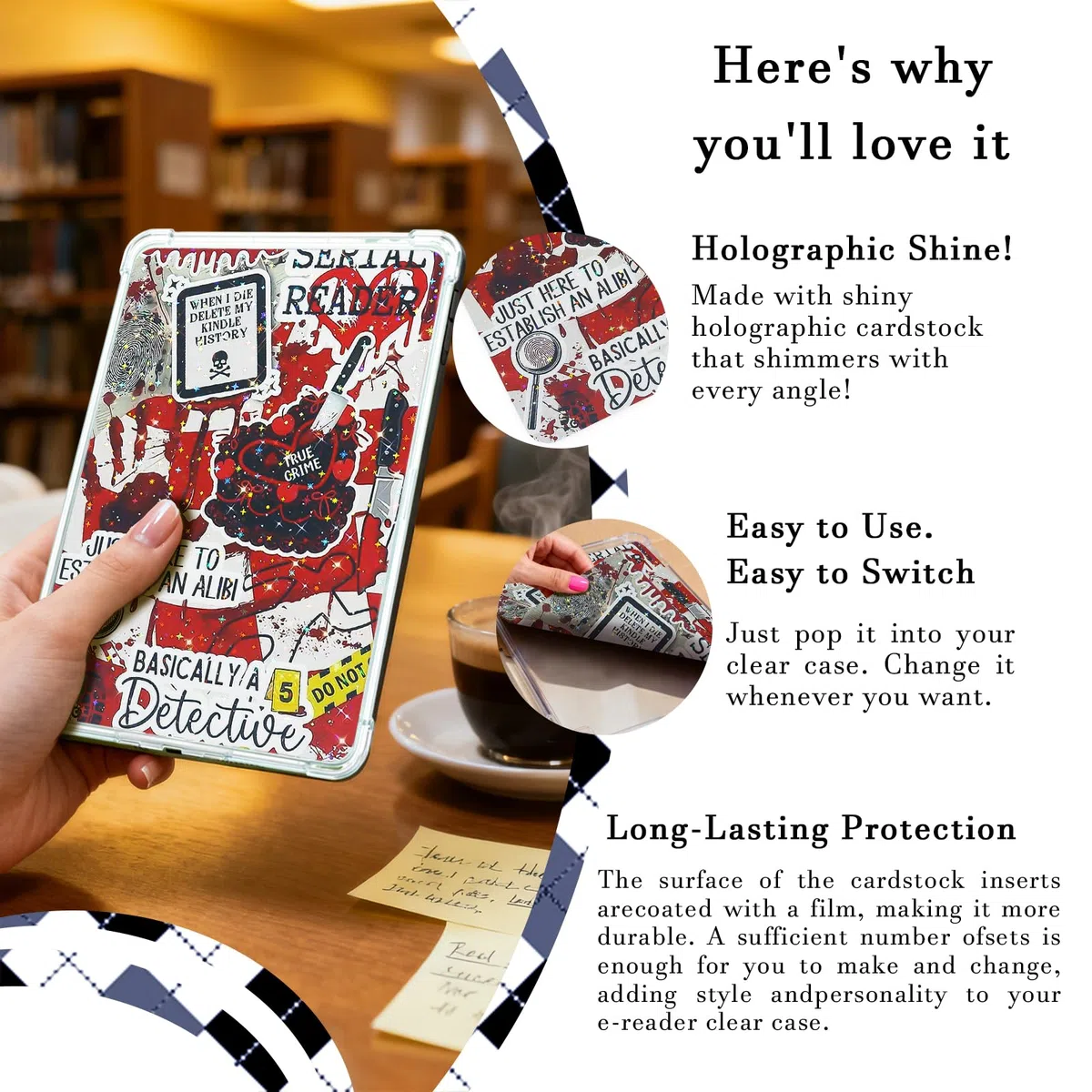 Bonito juego de tarjetas de inserción para Kindle, 6 diseños temáticos de libro con dijes para Kindle y tapones antipolvo USB-C, para 11ª/12ª generación, 6.8 x 4.8 pulgadas (negro 2)