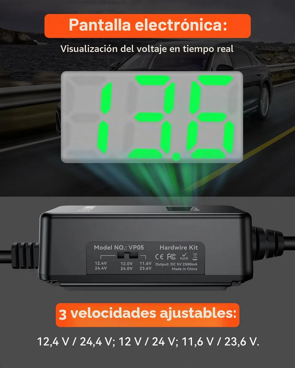 VANTRUE USB-C Display Hardwire Kit con 3 Stages Acc Cable para Dash CAM 11.6/23.6V 12/24V 12.4/24.4V a 5V Portafusibles con protección de bajo Voltaje 24H. Modo de estacionamiento