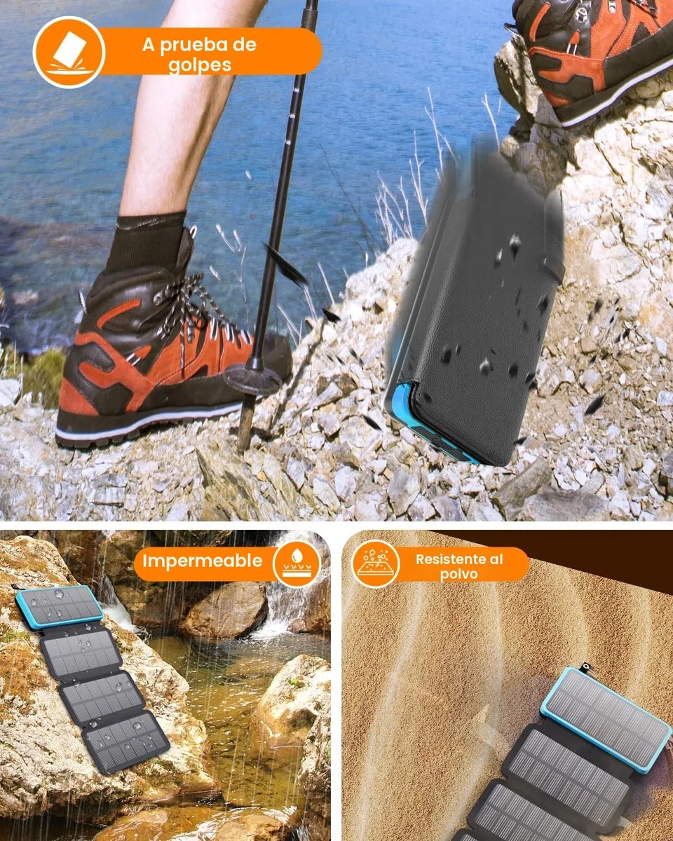 FEELLE Cargador Solar Power Bank 25000mAh, Batería Externa con Doble Salida USB de 3,0 A y 4 Paneles Solares Plegables Cargador Portátil para Smartphone, Tablet y Más (Azul)