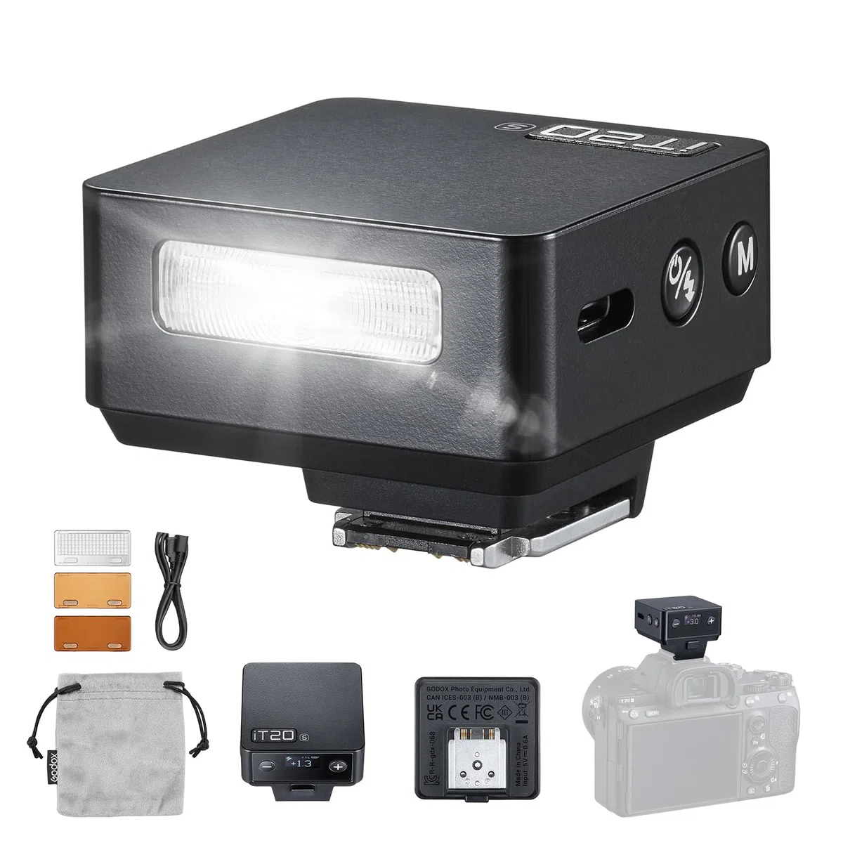 Godox iT20 S iT20S Flash Compatible para Sony, 700 Full Power Flashes, iT20 Mini TTL Camera Flash Strobe con Batería de Litio Built in Filtros de Color y Spreader Compatible con Cámara Sony