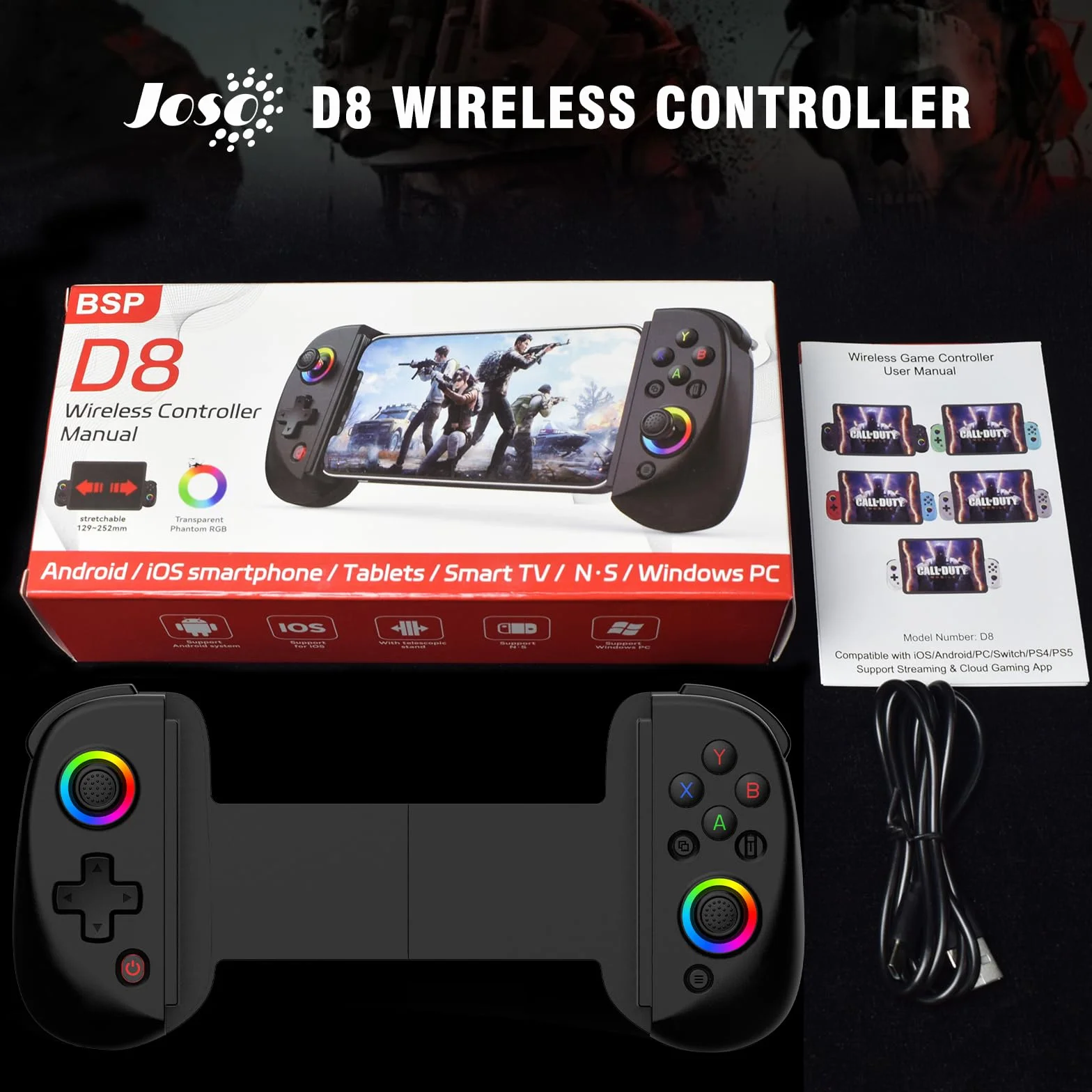 Joso Controlador de teléfono iPhone/iPad/Android/Tablet, Controlador D8 para Switch/PS/PC con joysticks de Efectos Hall Play COD, Genshin Impact, Controlador Android Compatible con Juegos en la