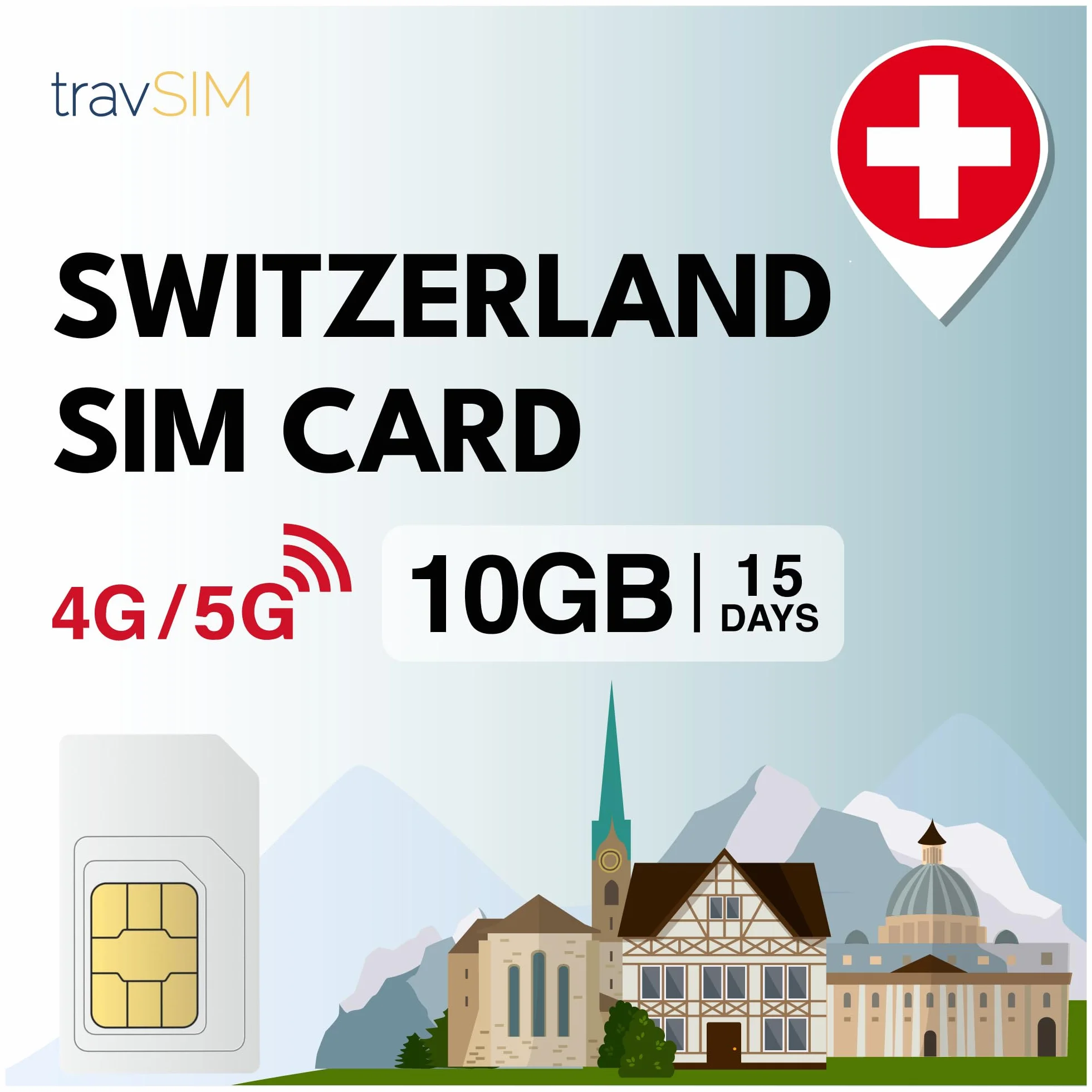 travSIM Suiza Tarjeta SIM | 10GB de Datos SIM - Plan de 15 días de duración | Tarjeta SIM Suiza Ofrece Acceso Ilimitado a Internet para Google, Facebook, Whatsapp, Instagram y más