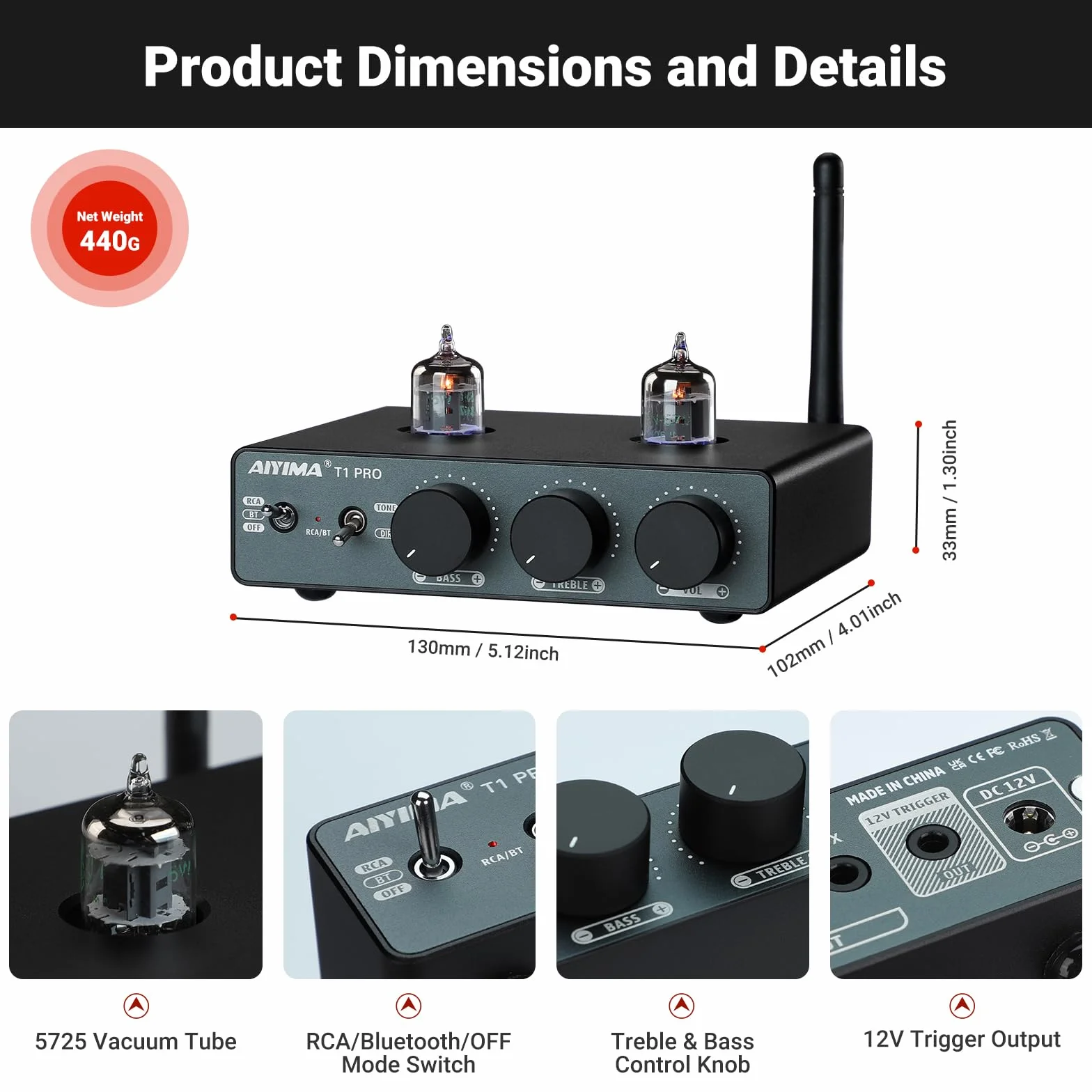 AIYIMA T1PRO Preamplificador de Tubo Audio Bluetooth 5.1 con Controles de Graves y Agudos