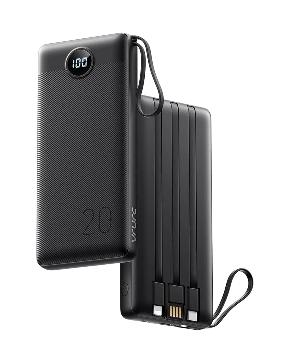 VRURC Power Bank, 22,5W Bateria Externa Carga Rapida 20000mah con 4 Cables Integrado, USB C In/out Powerbank, Cargador Portatil Fast Chagring Compatible con iPhone 17/16 Pro MAX/iPad/Xiaomi (1 Pack)
