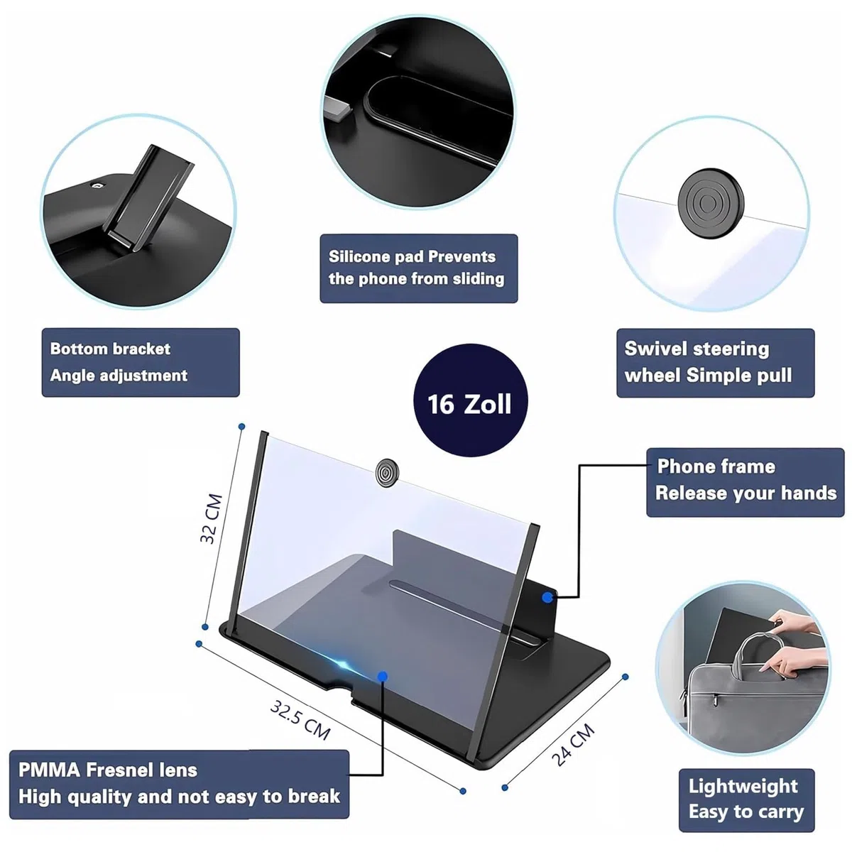 Amplificador de Pantalla para Movil, 16 Pulgadas HD Lupa para Móvil, 3D Pantalla Aumento movil para Ver Películas y Videos, Lupa Pantalla Plegable para Todos los Smartphones