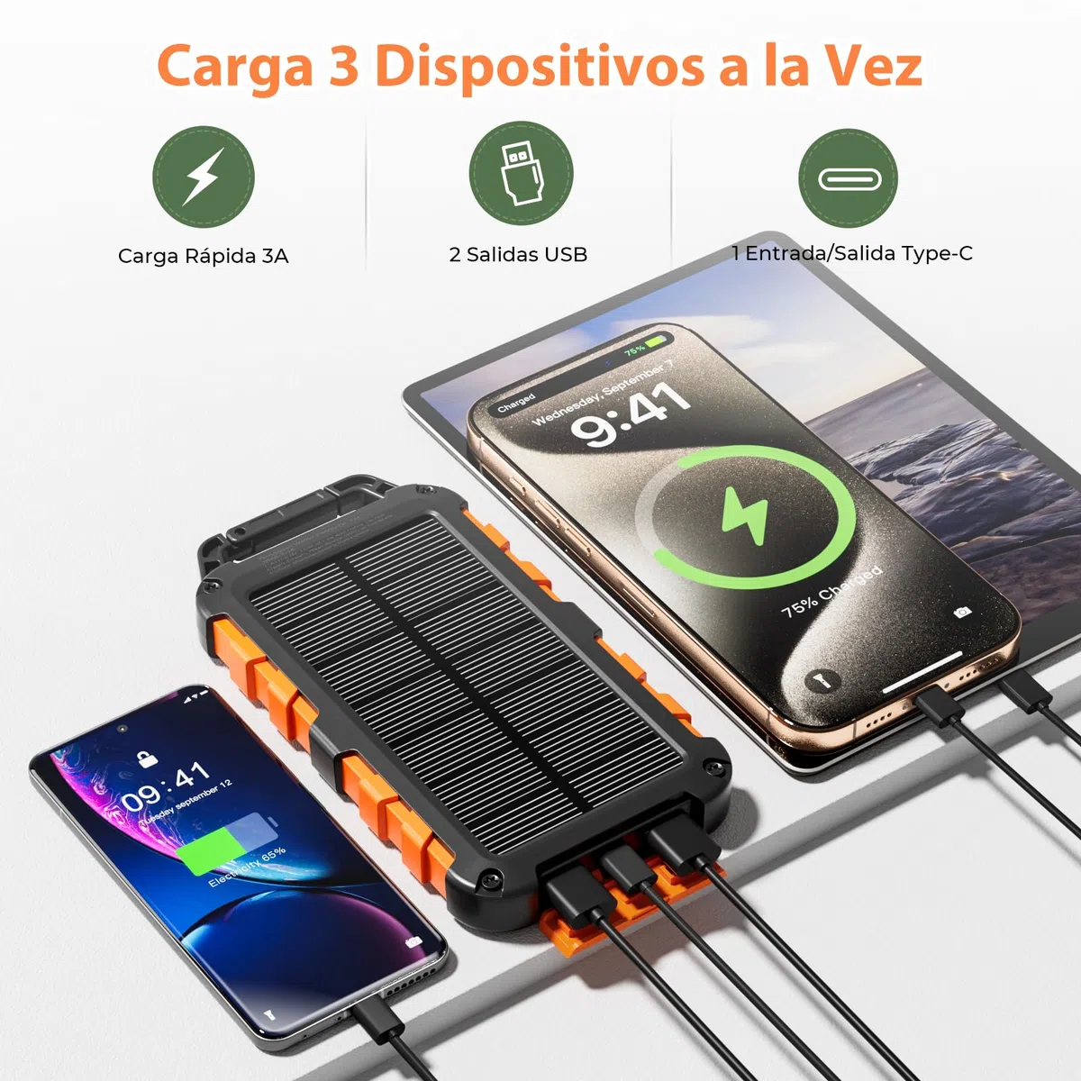Cargador Solar 10000mAh, Power Bank Solar Batería Externa Portátil PD22.5W USB C Carga Rápida Impermeable 3 Salidas y 2 Entradas con Linterna LED para Moviles Tabletas Etc.
