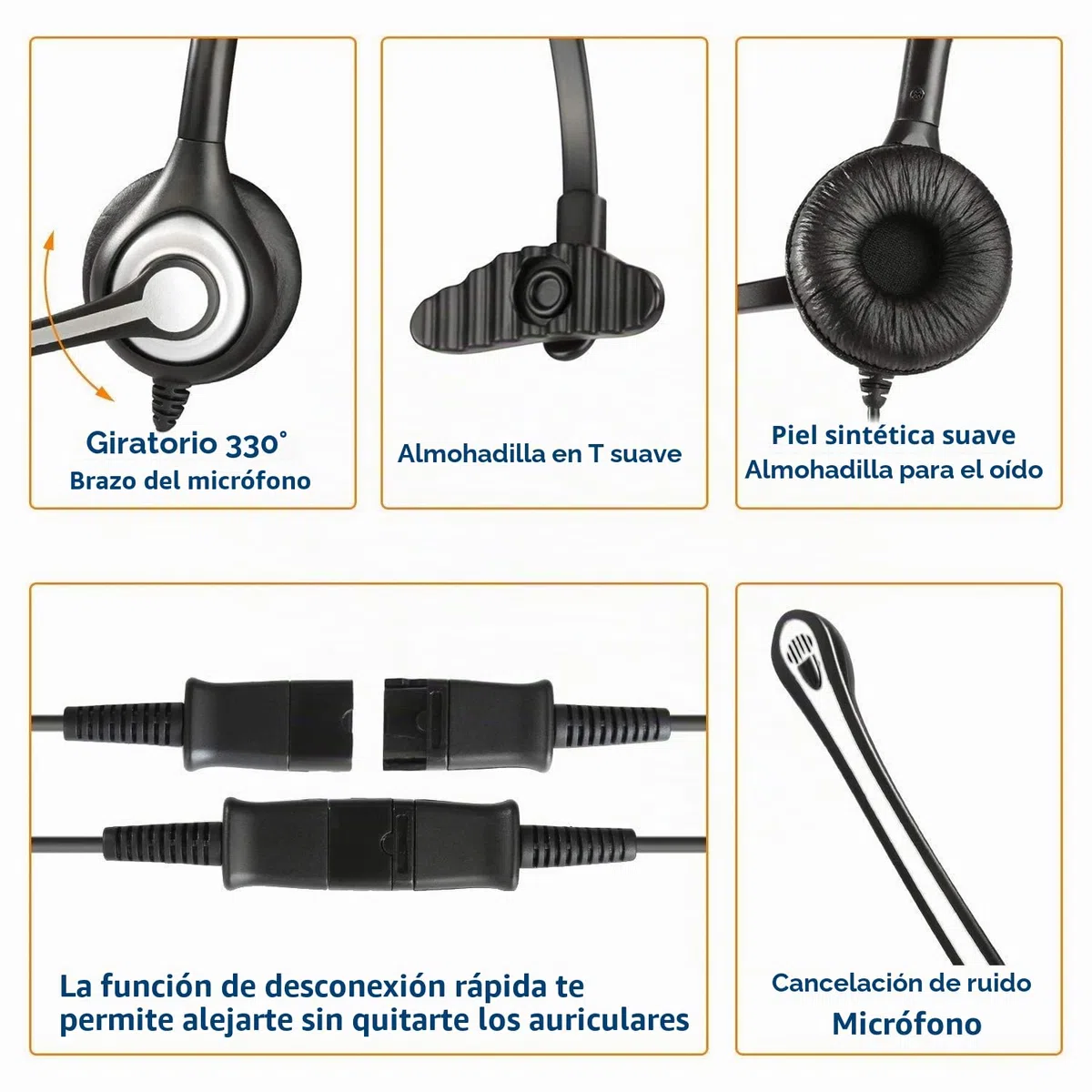 Auriculares Teléfono Fijo RJ9 Mono, Micrófono con Cancelación de Ruido, Quick Disconnect, WANTEK Cascos con Control de Volumen para ShoreTel Plantronics Polycom NEC Nortel Norstar Meridian(600QS2)
