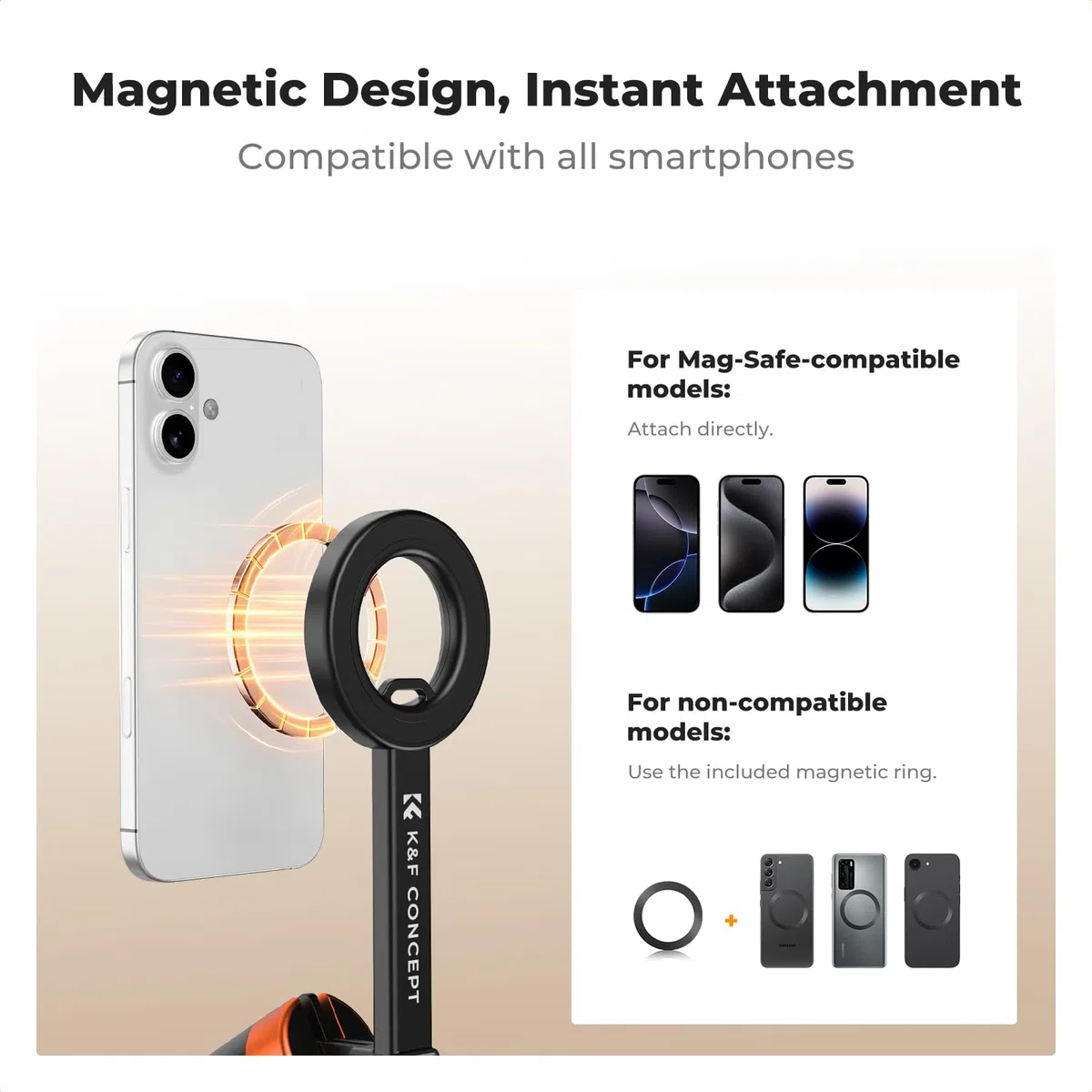 K&F CONCEPT MS-18 180cm Trípode para Movil Magnético Palo Selfie Liger, Soporte Magnético Extensible con Mando Bluetooth, Ajuste 3 Ejes, Estructura Aluminio per iPhone 17 16 15 14 Pro/MAX, Negro