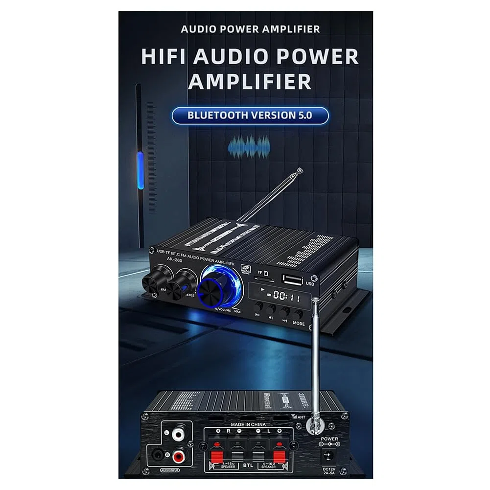Amplificador Estéreo AK360 para el Hogar y el Coche, Amplificador de Radio con Reproducción Sin Pérdidas USB, Amplificador de Sonido HiFi Bluetooth 5,0