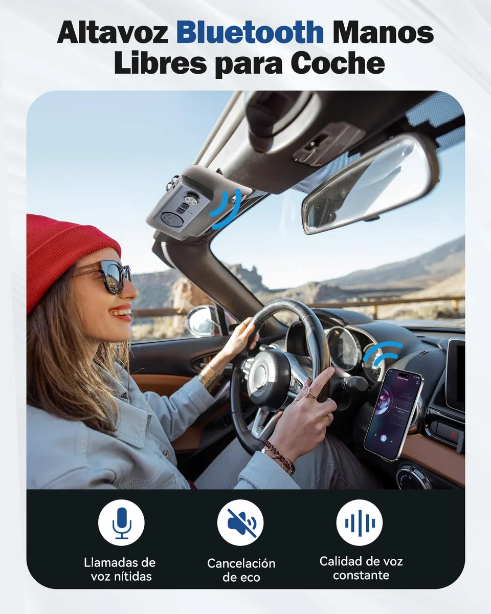 AGPTEK Manos Libres para Coche Bluetooth 5.3 con Siri, Google Asistente, Kit de Coche Altavoz Inalámbrico con Ranura de Tarjeta TF, Soporta Conexión de 2 Teléfonos Simultáneamente