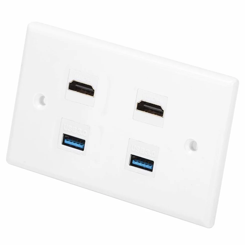 Fditt 2 puertos HDMI y USB Placa de panel de pared Keystone HDMI Hembra a hembra Hebilla de montaje Salida de pared Cargador USB Placas de pared con tapa