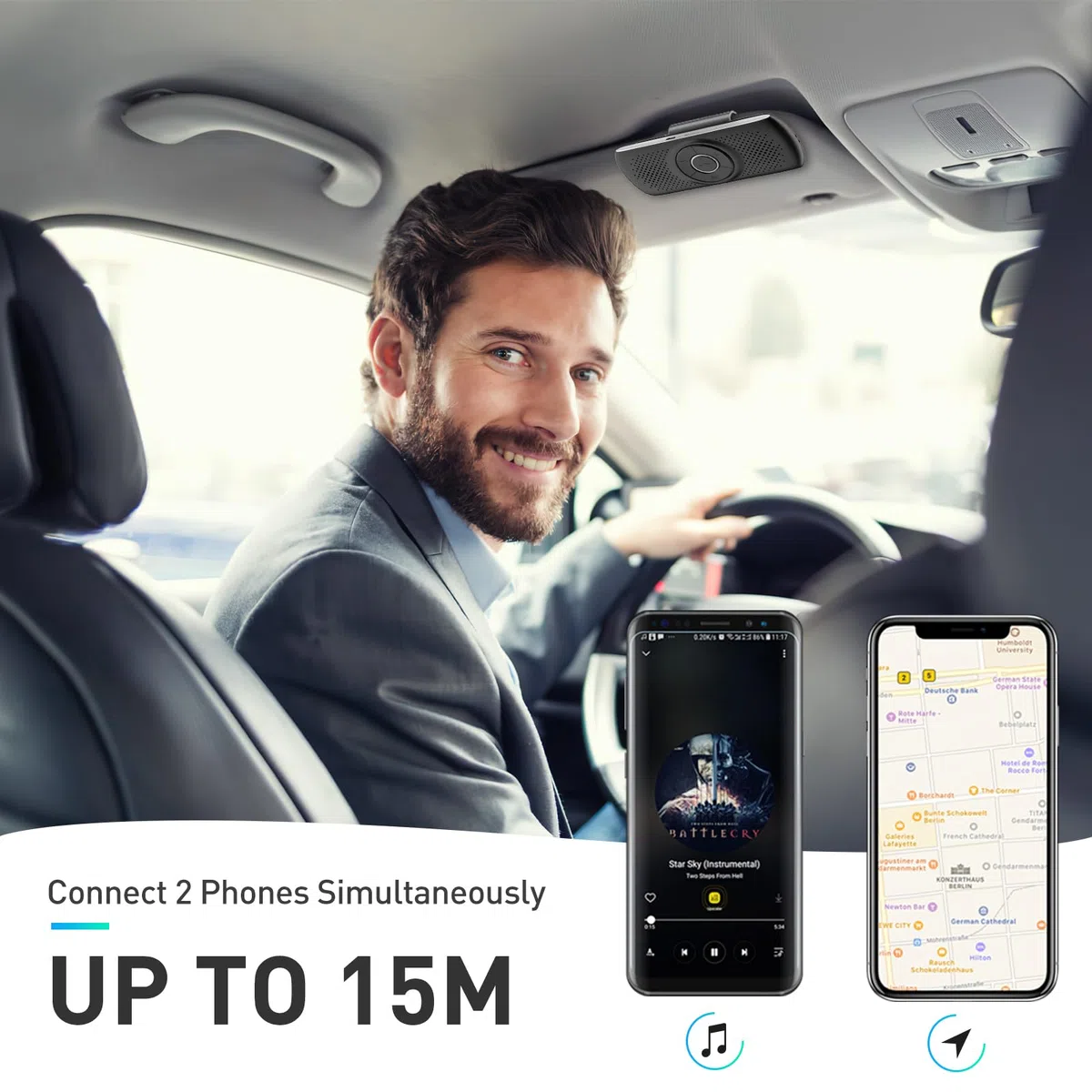 AGPTEK Manos Libres para Coche Bluetooth 5.0 con Siri, Google Asistente, Kit de Coche Altavoz Inalámbrico con Ranura de Tarjeta TF, Soporta Conexión de 2 Teléfonos Simultáneamente, Negro