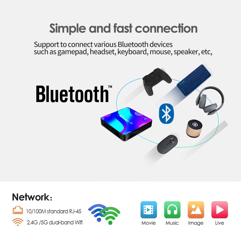 Android 11.0 TV Box, Android Box 4GB RAM 32GB ROM S905X2 Quad-Core Cortex-A53 Support 2.4G/5G WiFi/100M/H.265 Decoding/4K Full HD Output/ HDMI3.0/ Bluetooth 4.1 Smart TV Box