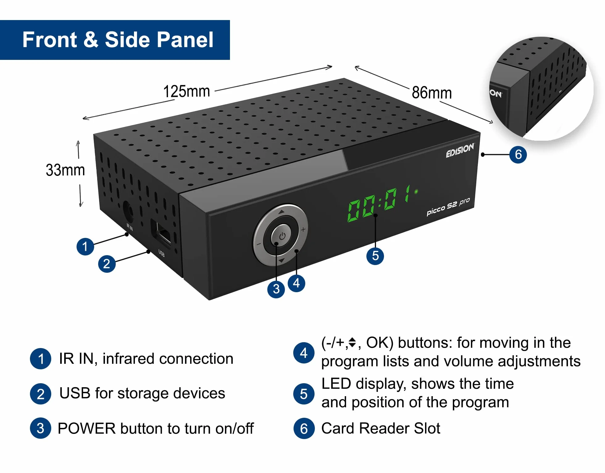 EDISION Picco S2 Pro Full HD Receptor de satélite Digital DVB-S2 H.265 HEVC, WiFi a Bordo, Multistream, HDMI, SCART, SPDIF, USB, IR, Lector de Tarjetas, Mando a Distancia Universal 2en1
