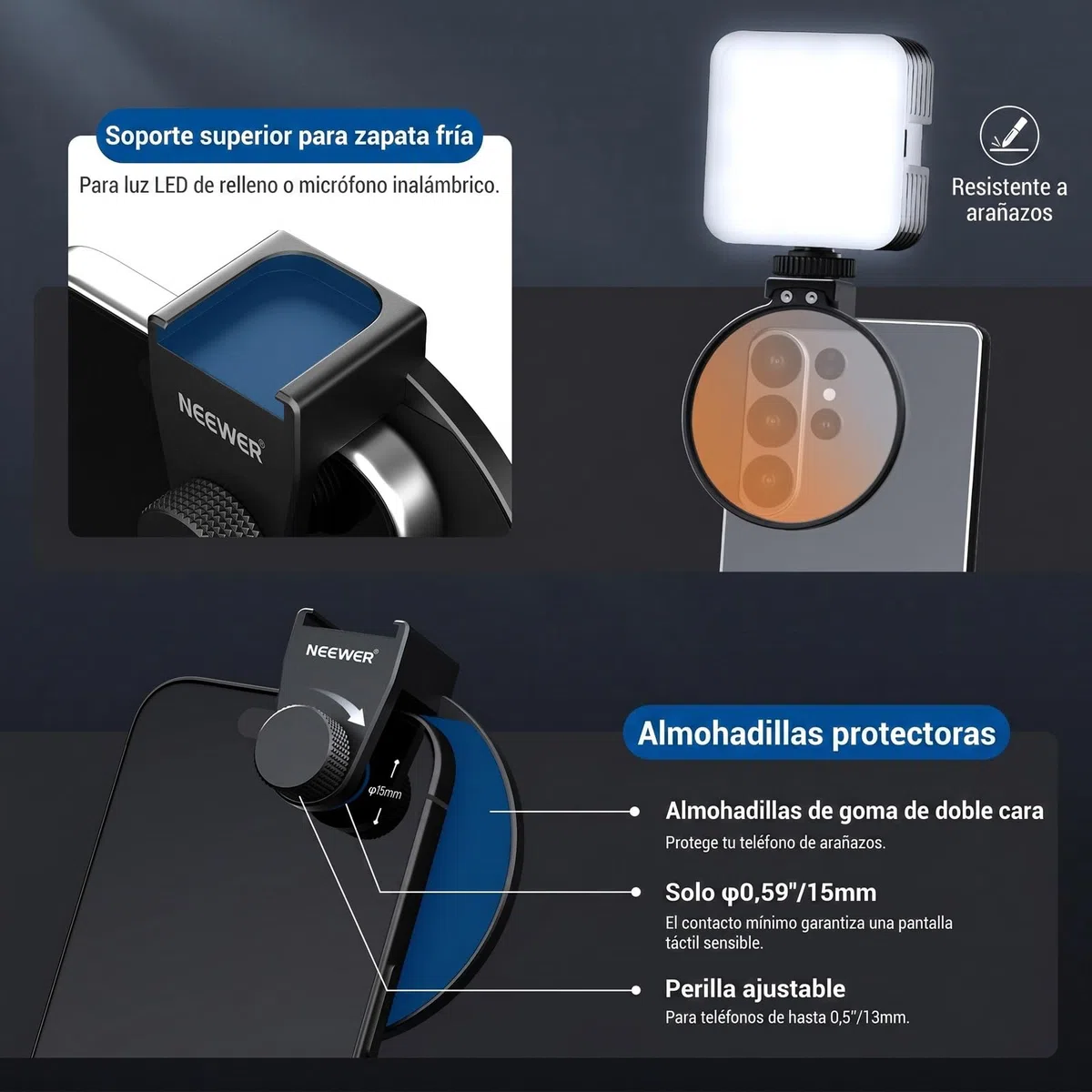 NEEWER 67mm Clip Filtro de Móvil, Abrazadera Filtro Objetivo Montura Zapata Fría, Accesorios Fotografía Celular Compatible con iPhone 17 Pro MAX 16 Pro MAX Air 17e 16e Android Samsung S26 Ultra,LA009