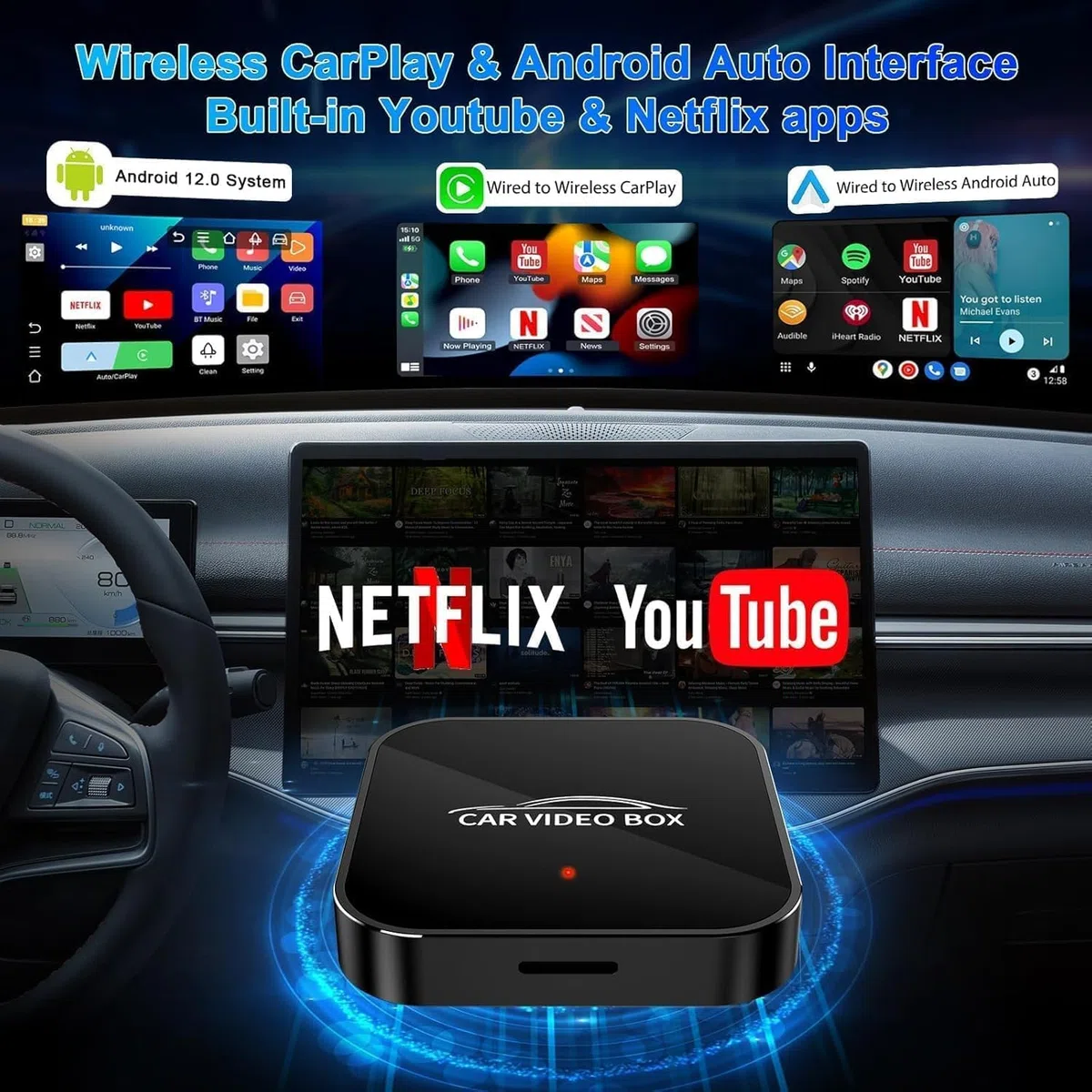 2026 Wireless CarPlay & Android Auto Adapter Compatible con Netflix/Youtube/TF – Plug & Play, Magic Video Box para vehículos OEM CarPlay & Android Auto con Cable (4GB RAM+16GB)