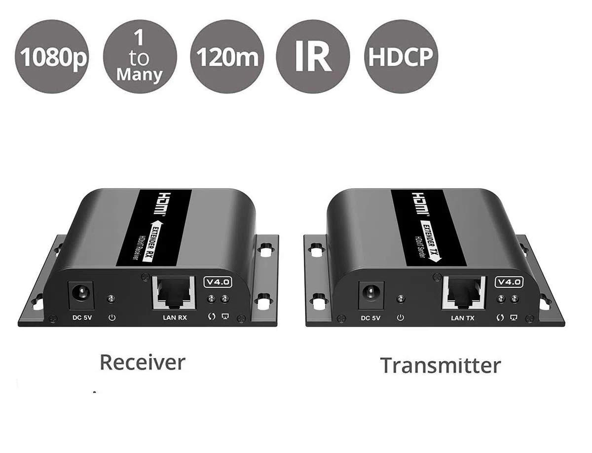 PremiumCord Extensor HDMI a 120 m a Través de LAN, TCP/IP, HDBitT, 1 Transmisor a Muchos Receptores, Carcasa Metálica, Compatible con Full HD 1080p, 3D, Dolby-True HD