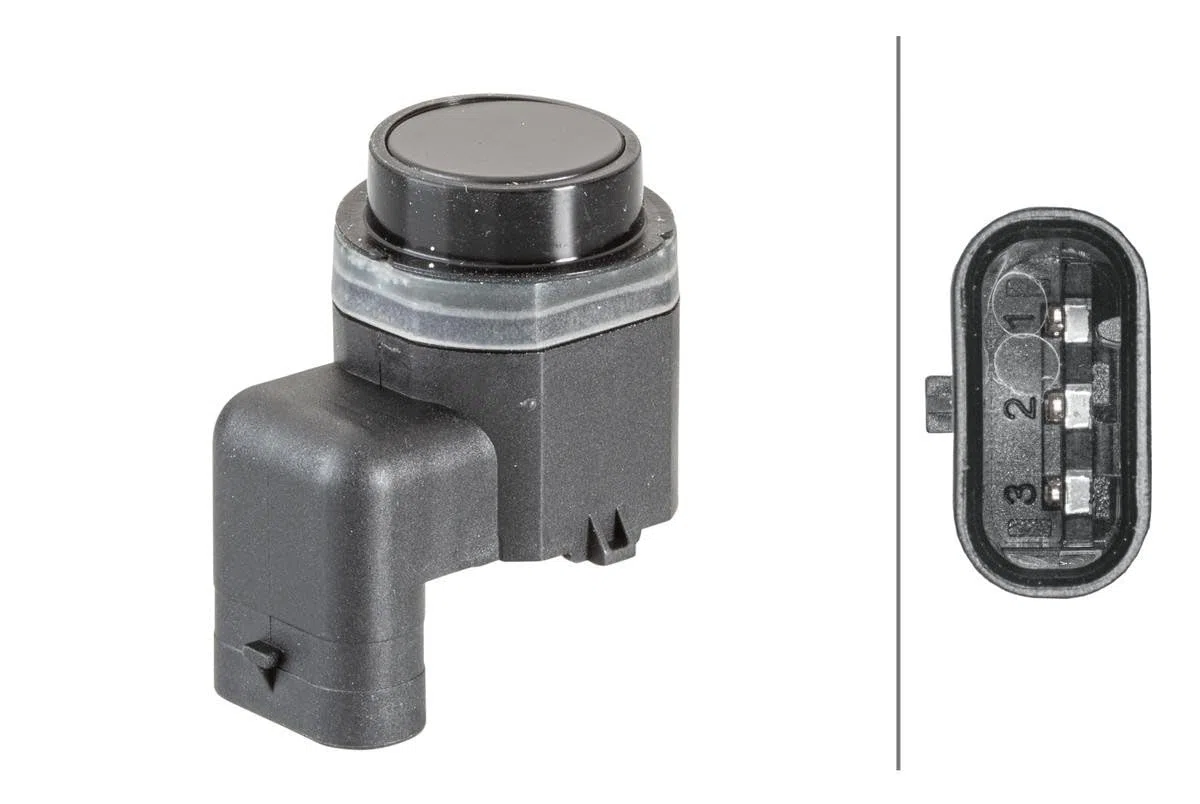 HELLA 6PX 358 141-081 Sensor, auxiliar de aparcamiento - en forma de ángulo - 3polos - enchufado - barnizable - con anillod e sujeción