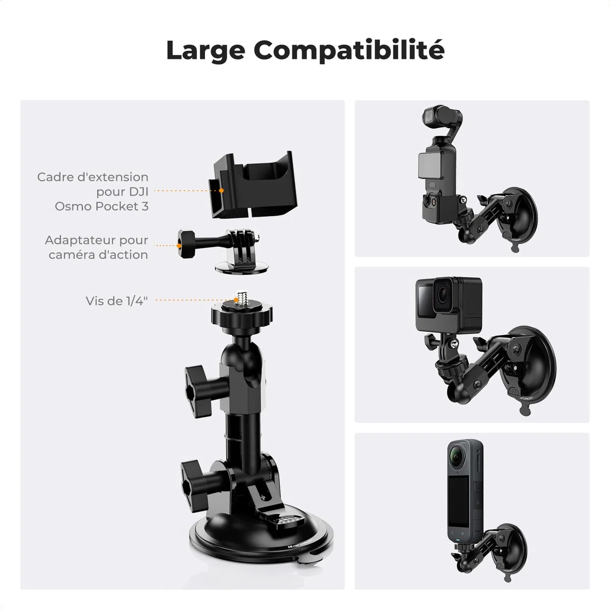 K&F CONCEPT Soporte de Coche con Ventosa para GoPro Hero 13 12 11 10 dji Action 5 Pro/4/3 dji Osmo Pocket 3, Soporte Ventosa del Parabrisas del Coche para Insta360 X5 X4