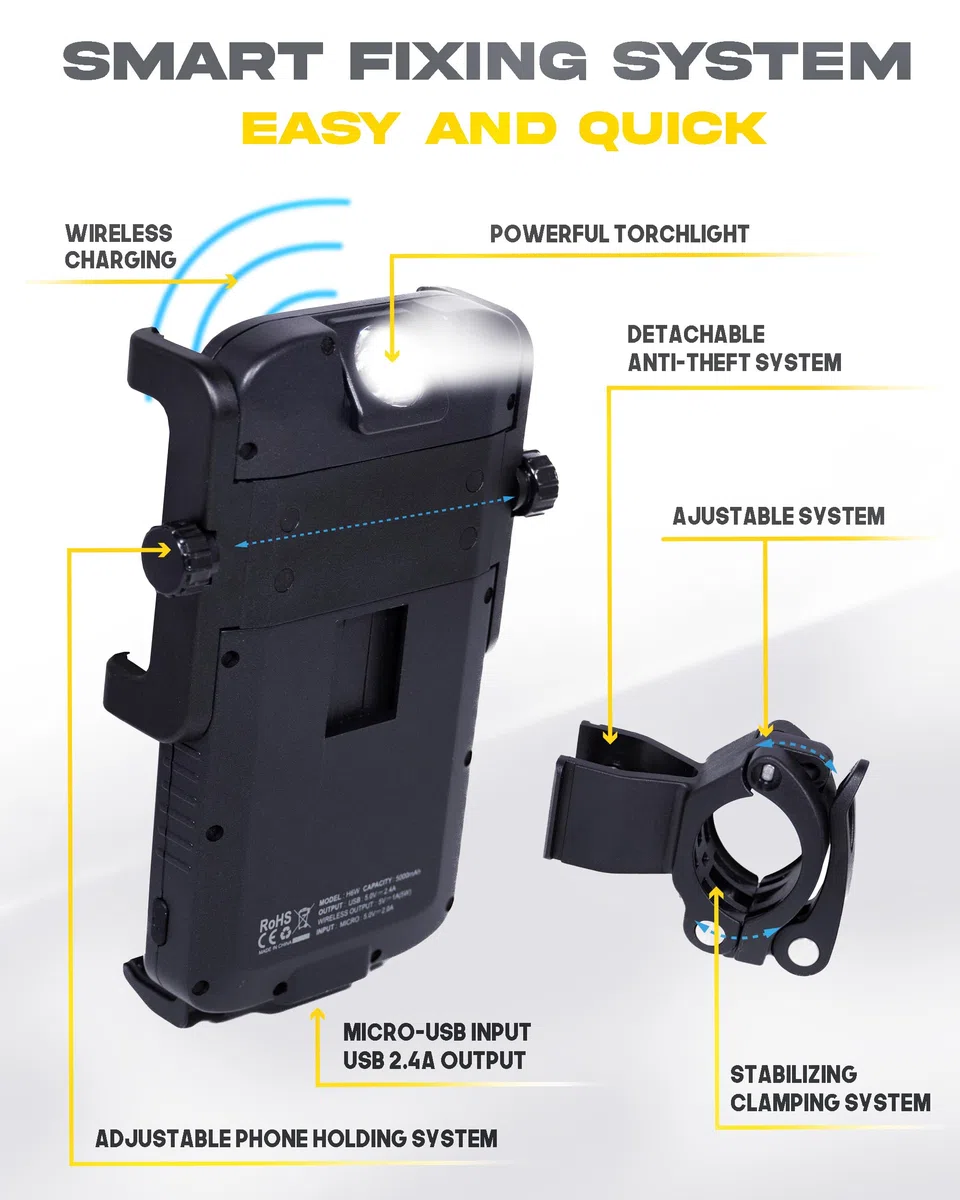 Sunslice Soporte Movil Bicicleta:, Soporte móvil Moto, Soporte móvil con Power Bank Integrado, Soporte telefono Bicicleta Compatible para iPhone, Samsung, inalámbrico, Carga móvil sin Cable