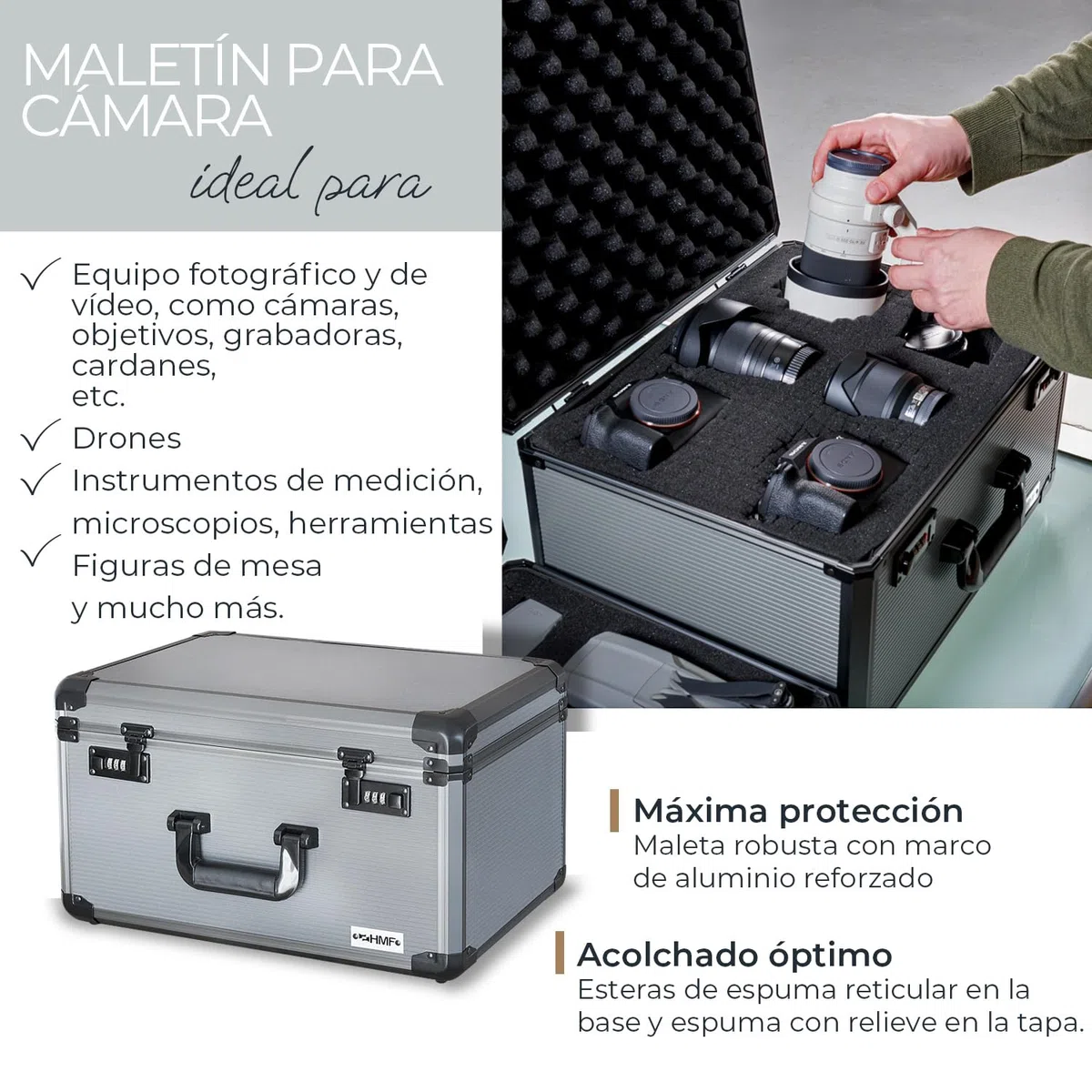 HMF 14412-02 Maletín fotográfico de Aluminio, maletín para miniaturas con Espuma precortada | 46 x 33 x 26 cm