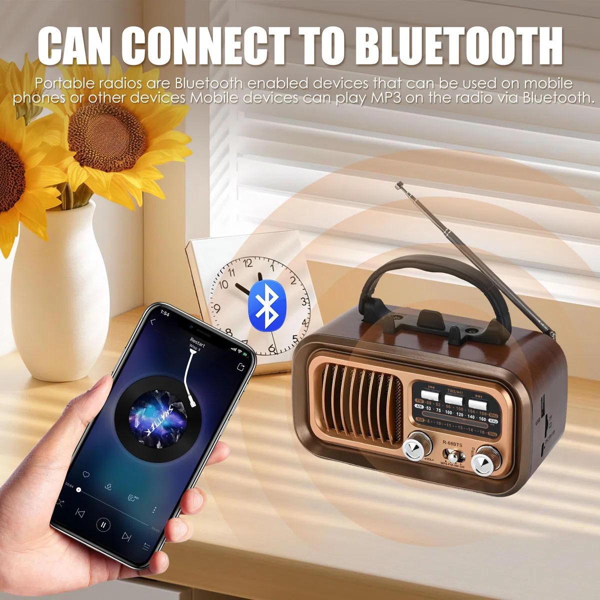 Radio Retro portátil, Radio portátil con Bluetooth, Am/FM/SW Bandas, Batería Recargable y Panel Solar-soporta Tarjeta USB/TF, emparejamiento TWS, diseño portátil para Cocina, baño, Viajes (café)